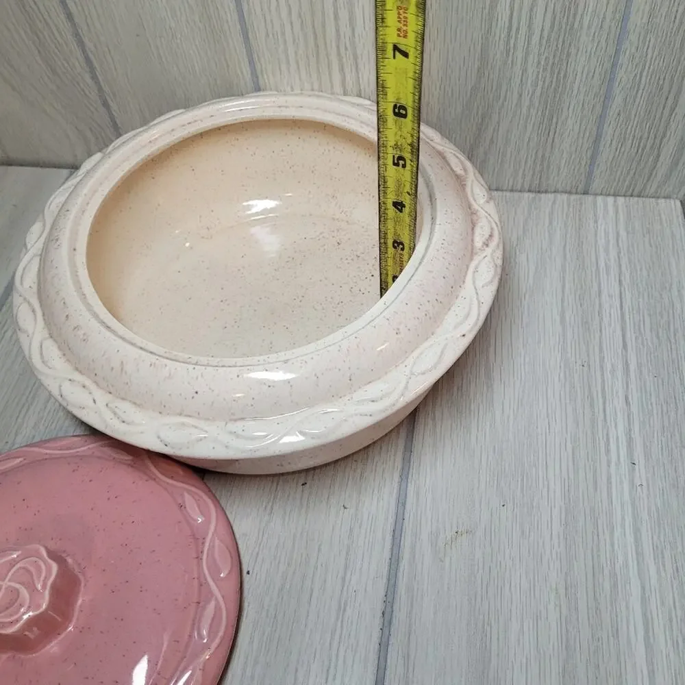 Vtg USA Pottery Pink Covered Casserole Serving Dish Farmhouse Country Coquette